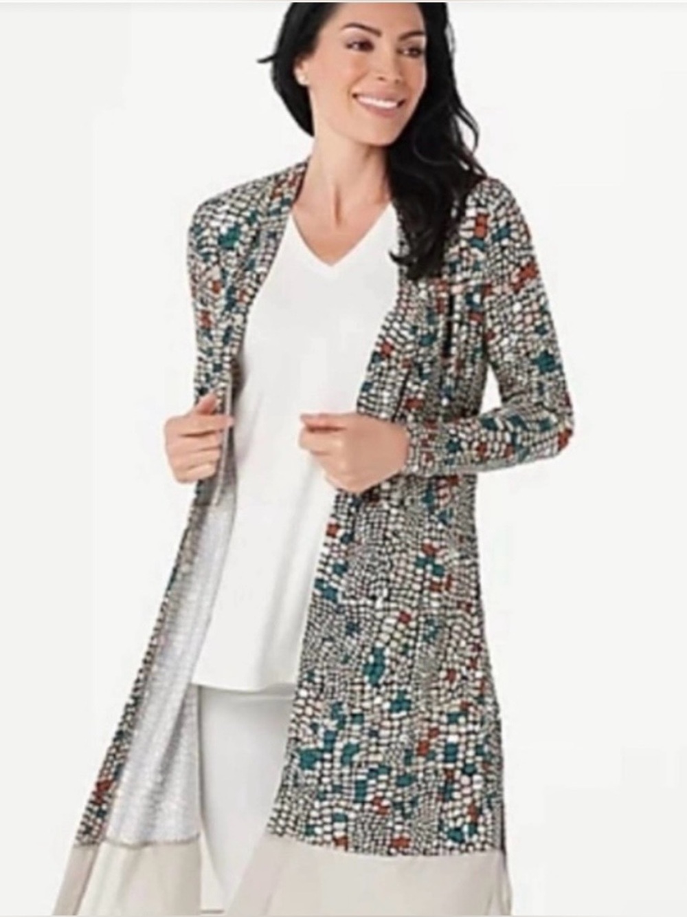 LOGO by Lori Goldstein Teal Multi Long Open-Front Cardigan size LP-NWT